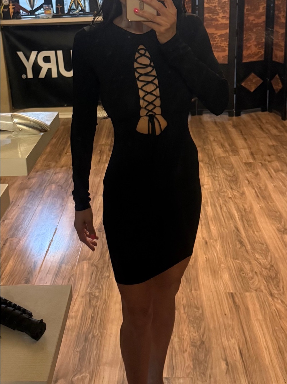 Forever 21 Black Lace-Up Front Long-Sleeve Bodycon Dress